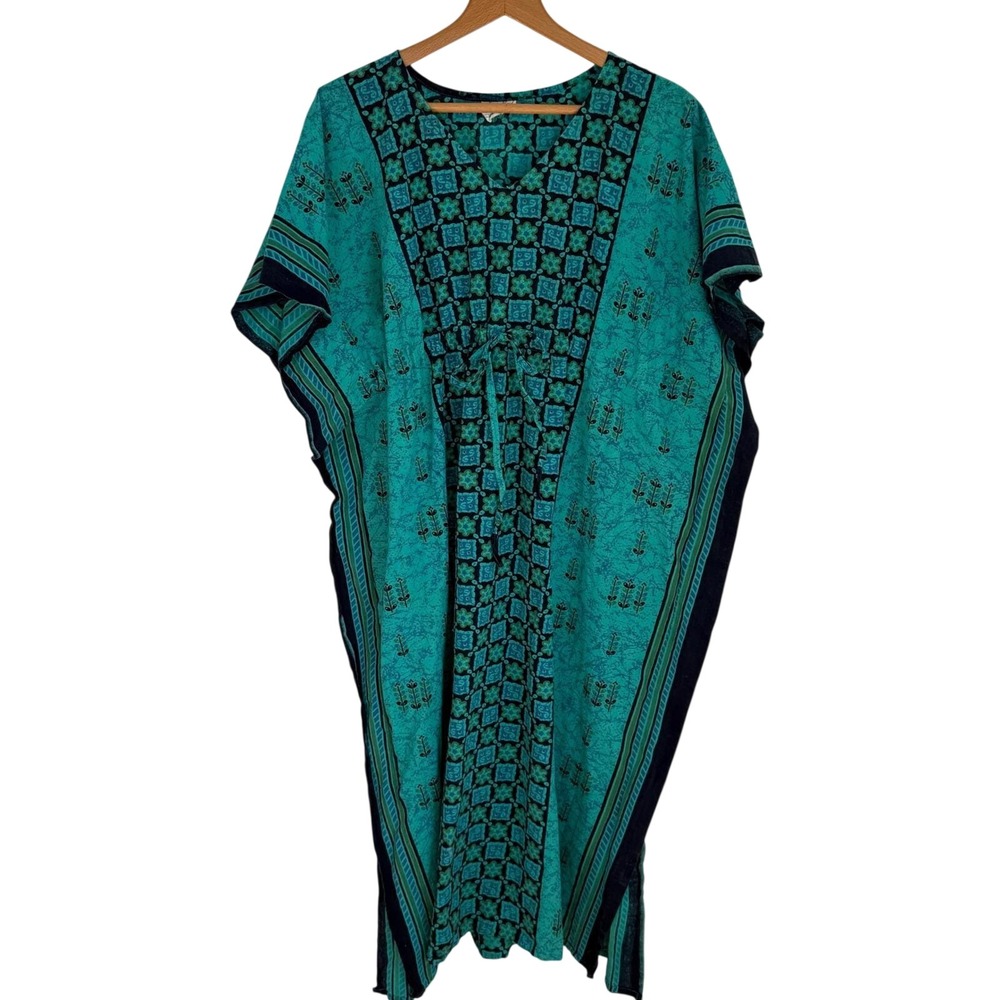 100% Cotton Vintage 70s Boho Batik Caftan Maxi Green Tie Waist M Up to XL